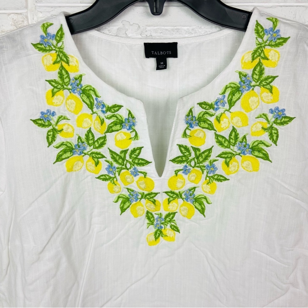 TALBOTS white lightweight lemon, embroidered linen cotton summer shirt SZ medium - Picture 4 of 15